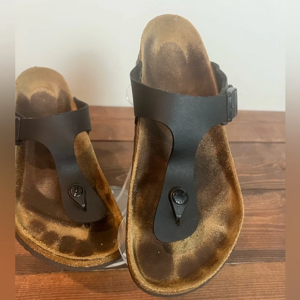 Birkenstock Arizona Giselle T strap sandals size 40 BLACK leather Footbed